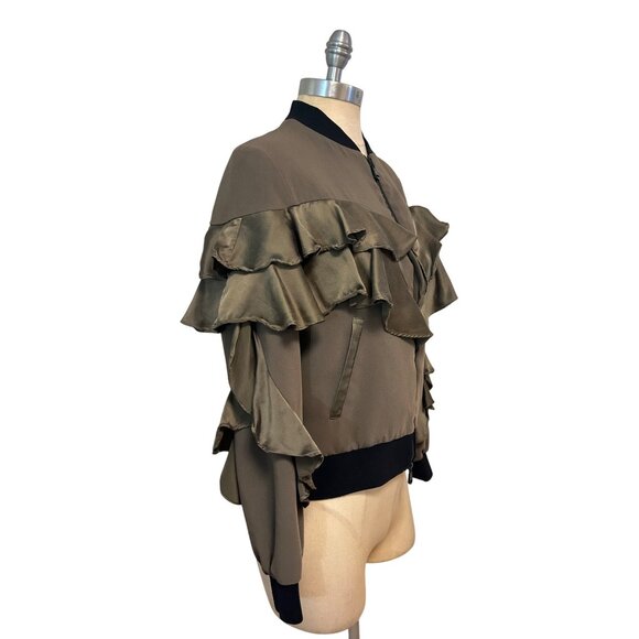 Cinq A Sept Leia Satin-Ruffle Bomber Jacket, Olive size XS - Picture 5 of 7